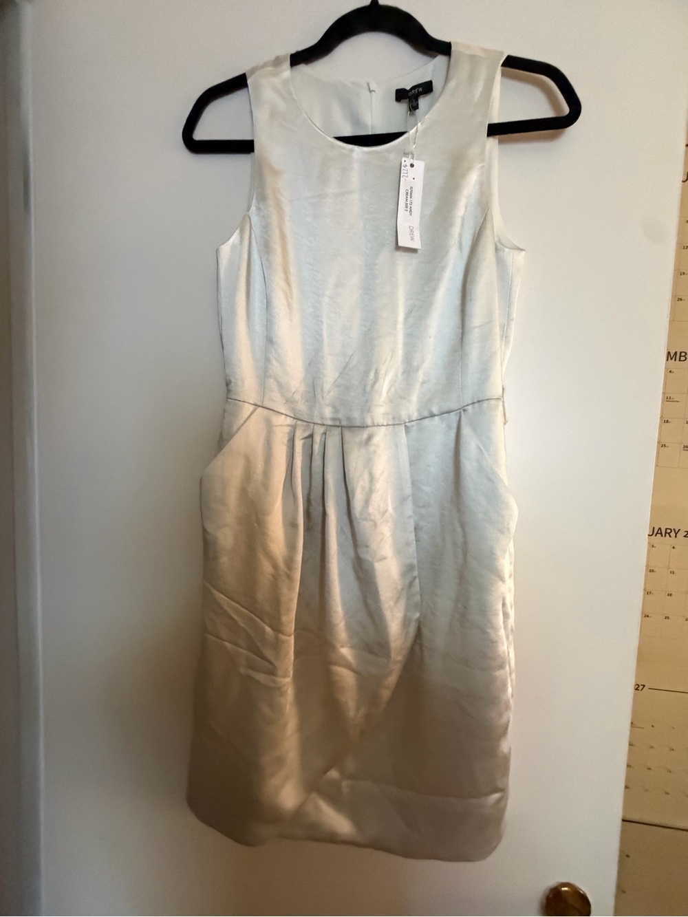 DREW Sleeveless Satin Sheath Dress in Cream w/Belt Loops Read